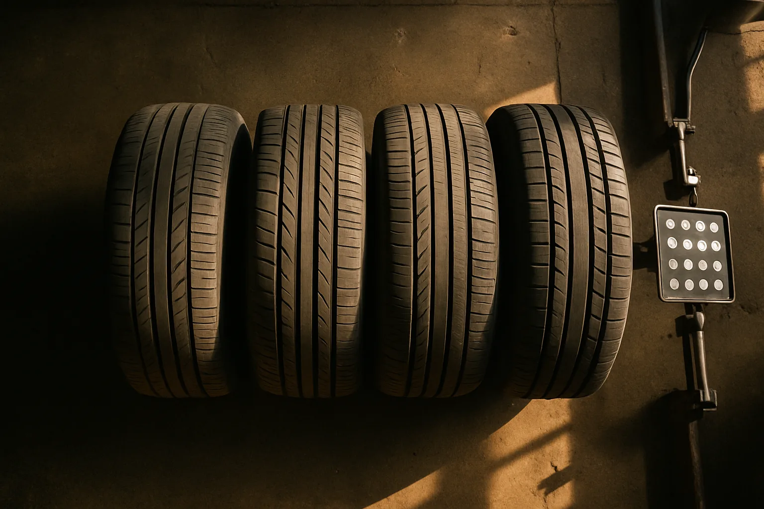 Four tires displayed showing different tread conditions and wear patterns