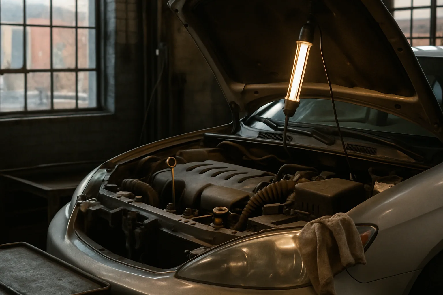 Engine bay during routine oil maintenance and fluid service