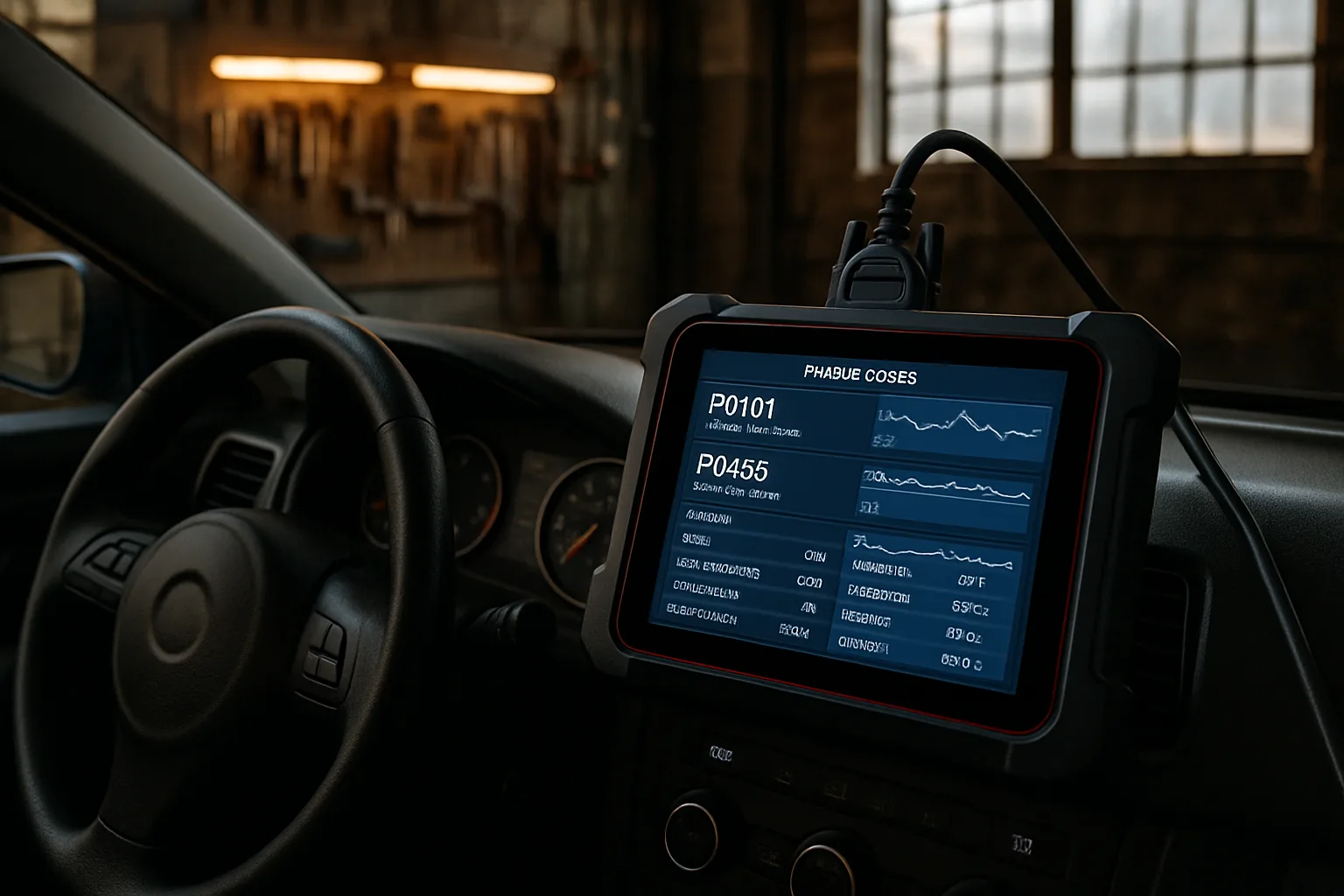 Automotive diagnostic scanner displaying engine codes during vehicle diagnostics